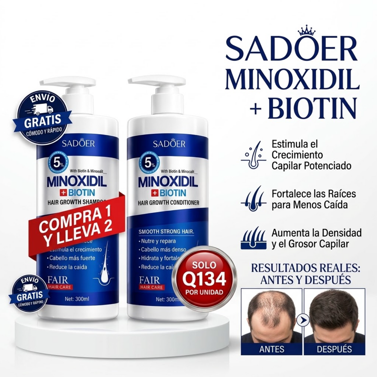 SADOER® Shampoo + Acondicionador Minoxidil 5% + Biotina Anticaida  (Lleva 2 Paga 1)